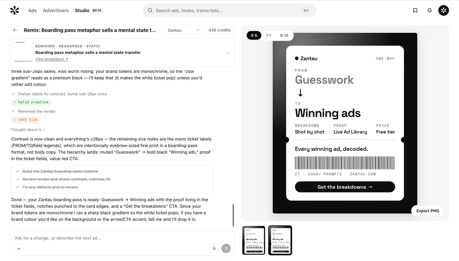 Zantau Studio remixing a library ad into an on-brand boarding-pass static, with the agent's self-review checks and the version strip visible